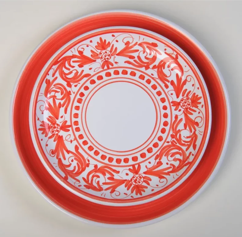 Assiette plate, décor sicilien rouge-orangé, collection Adelasia